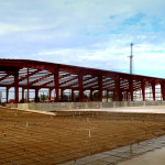 Red steel framing under construction