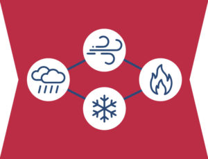 Icon indicating how steel buildings protect against wind, storms snow, and fire.