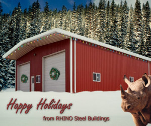 A red and white RHINO steel building lined with Christmas lights and the greeting: Happy Holidays from RHINO Steel Buildings