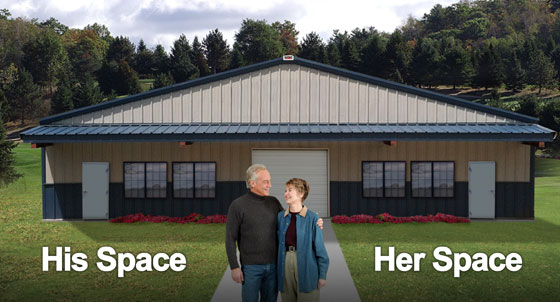 Happy couple stands before their metal building divided into space for him and space for her