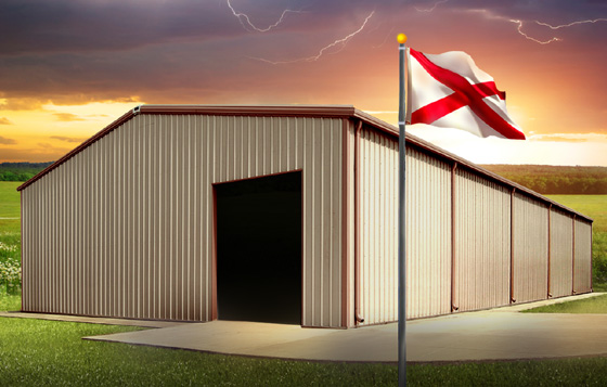 A metal building stands before a lightning-filled stormy sky in Alabama