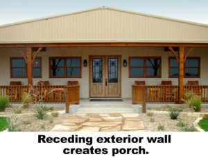 An ivory-colored metal building extends to create a rustic covered porch with cedar posts and trim