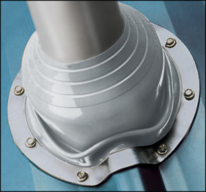 Closeup of a vent boot on a metal building roof