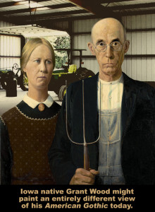 The farming couple from Grand Wood's famous American Gothic painting stand before a tractor in a modern metal building