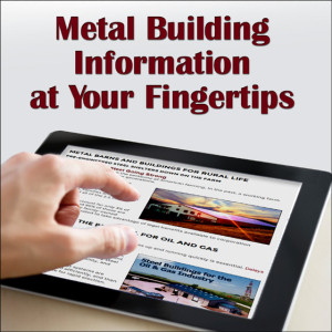 a finger scrolls across an electronic notepad with the heading "Metal Building Information at Your Fingertips"