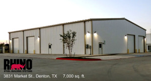 Photo of a white industrial metal building in the RHINO Business Park in Denton, Texas