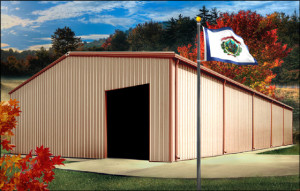 a West Virginia flag flies over a tan metal building with reddish-brown trim.