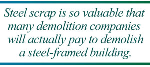 Quote reading: "Steel scrape is so valuable that many demolition companies will actually pay to demolish a steel-framed building"