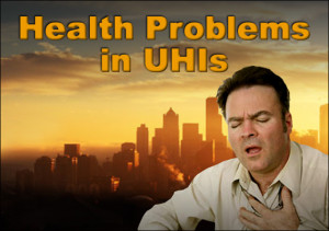 A man gasps for air before a city skyline under a blazing sun, with the headline: "Health Problems in UHIs"