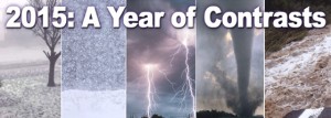 Collage of photos of snow, lightning, tornadoes, and other weather extremes on 2015