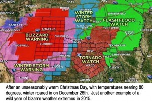 A weather map shows the myriad weather extremes on a single day in December 2015