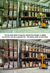 Two photographs compare good and bad photography techniques in a warehouse
