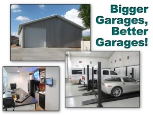 Collage of photos show the amenities of a steel building multi-vehicle garage with a bar, office, and guest room