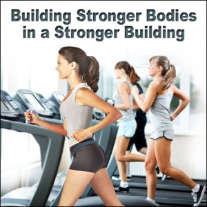 Women working out on treadmills with the caption"Build Strong Bodies in a Strong Steel Building"