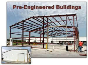 Photo of a RHINO pre-engineered building during construction and then completed.