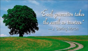 Lovely field with massive oak tree under blue summer skies and text "Each generation takes the earth as trustees."