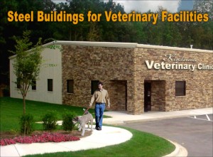 Photo of a brick-trimmed metal building veterinarian clinic with man and dog departing