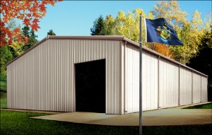 Attractive beige and tan-trimmed metal building in autumn with Maine flag flying in the foreground