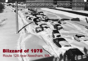 Historic photograph of cars buried in snow in Massachusetts during the Blizzard of 1978