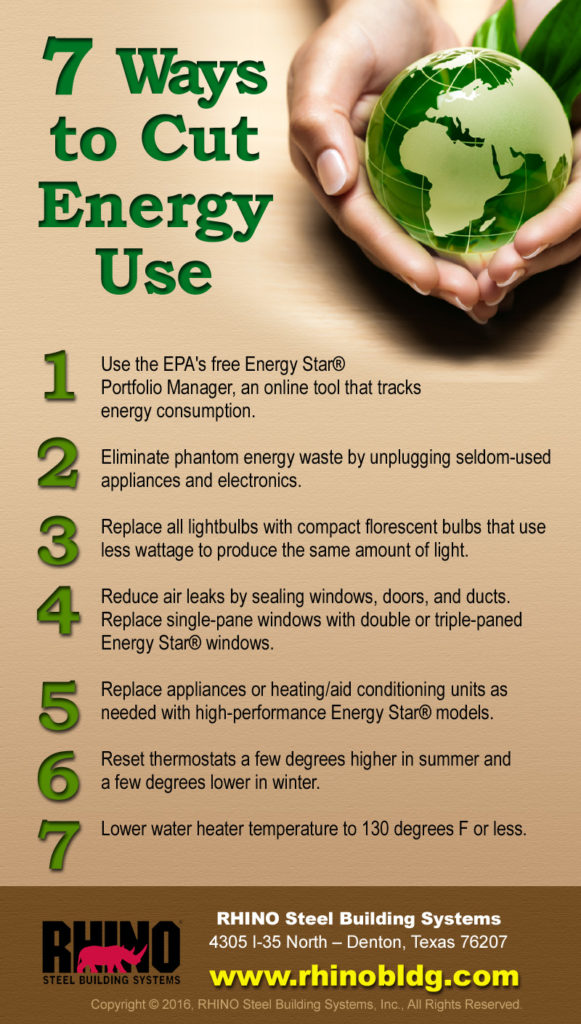 This RHINO Steel Buildings infographic shows 7 ways you can cut your energy use and save money