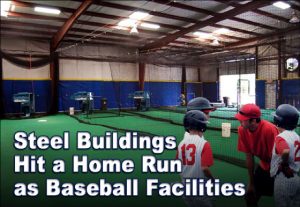 Coach with four baseball players in an indoor batting facility