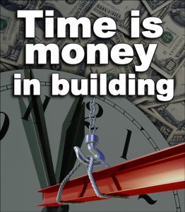 Image with a clock, steel beam, and cash, indicating that saving time equals saving money in construction.