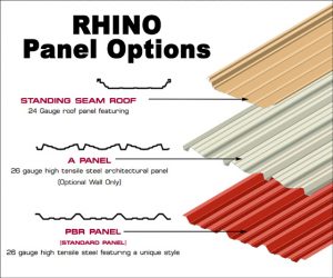 Illustration of the three types of steel panels available from RHINO Steel Building Systems.