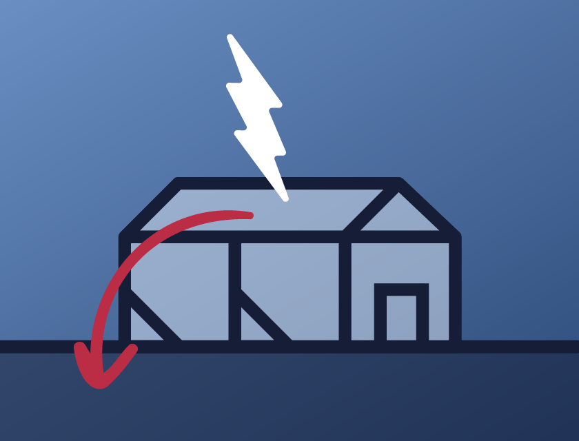 Graphic representation of a lightning bolt coming close to a steel building but not hitting it.