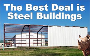 Steel building under construction with rhino in the foreground and the headline "The Best Deal is Steel Buildings."