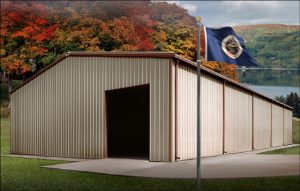 Tan-and-brown metal building sits near a Minnesota lake in autumn.