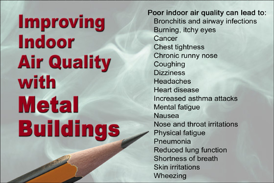Toxic, smoke-filled background with list of 19 illnesses caused by poor indoor air quality.