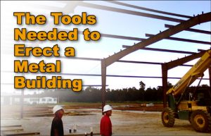 Photo of men in white hardhats as a crane lifts steel building framing