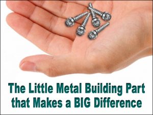 man's hand holding five steel building screws, with the text "The Little Metal Building Part that Makes a Big Difference"