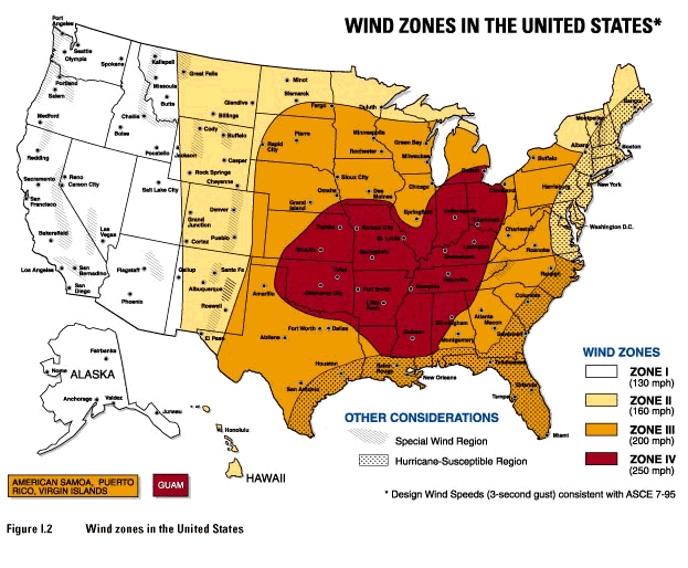 Map of the U.S. indicating specific wind-prone areas