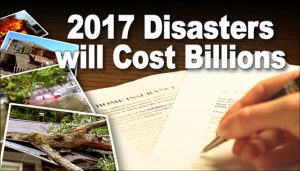 Hand with pen filling out insurance forms with photos of weather-related damages scattered across the desk