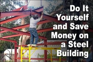 man standing on scaffold attaches roof purlin to steel building framing