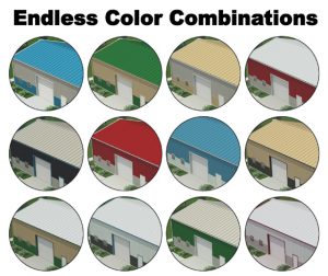 illustrations of 12 examples of the endless metal building color combinations available from RHINO