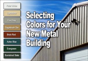 Light gray steel buildings and chart of eight RHINO metal building colors