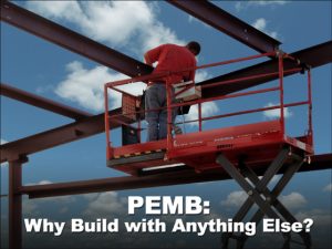 a man on a scaffold attaching a steel roof rafter on a PEMB- a pre-engineered metal building