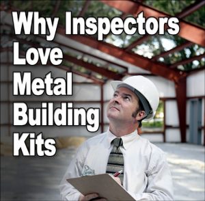 building inspector with clipboard and hardhat examines framing of a metal building kit
