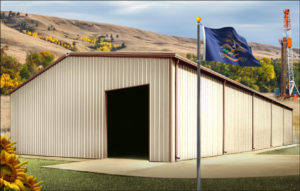 typical metal building in North Dakota with state flag and gas well in the distance