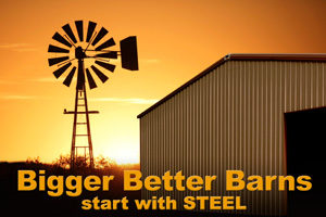 Photo of a  RHINO steel barn and a windmill at sunset.